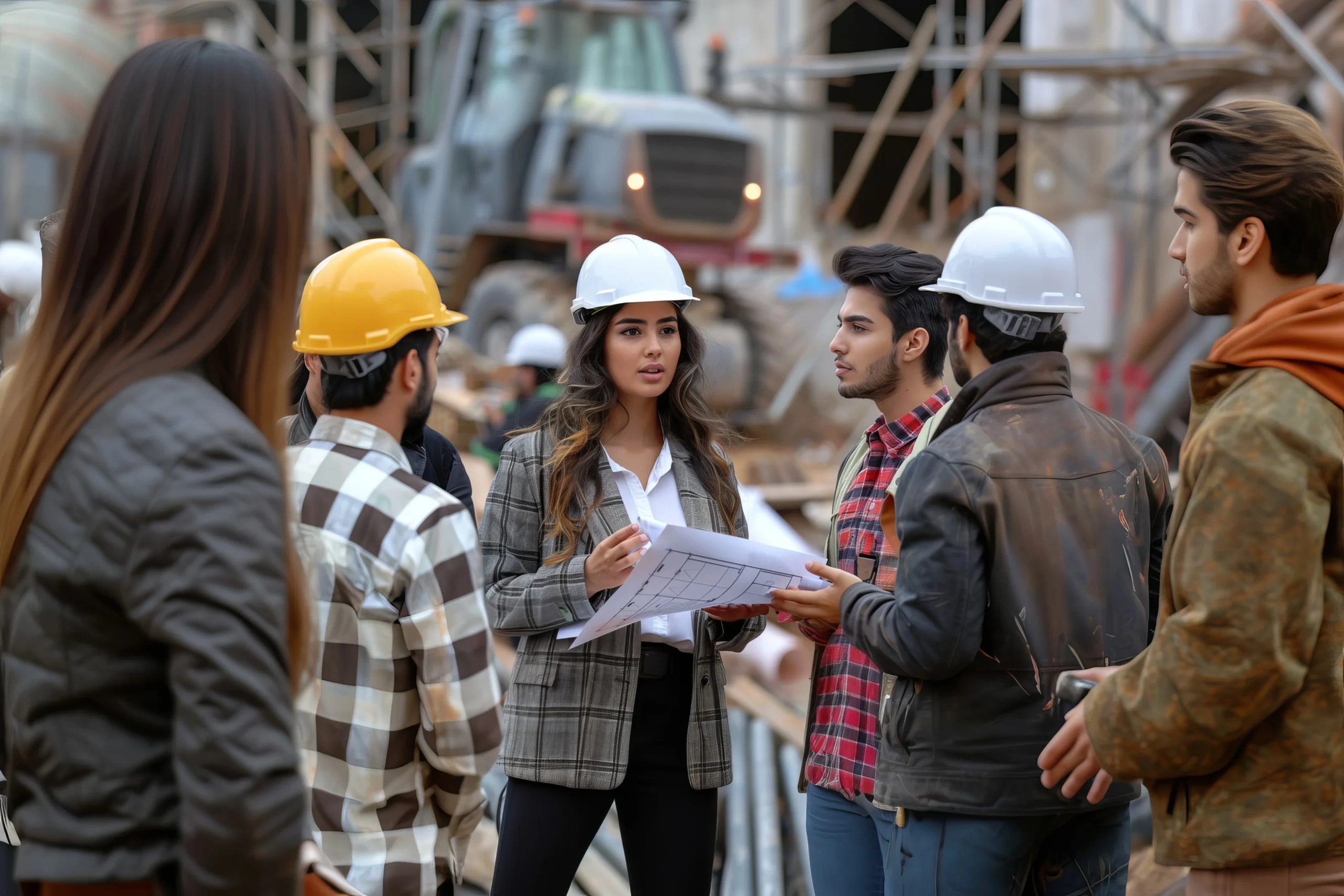 Equipo de obreros liderado por una mujer charlan frente a una obra en construcción.