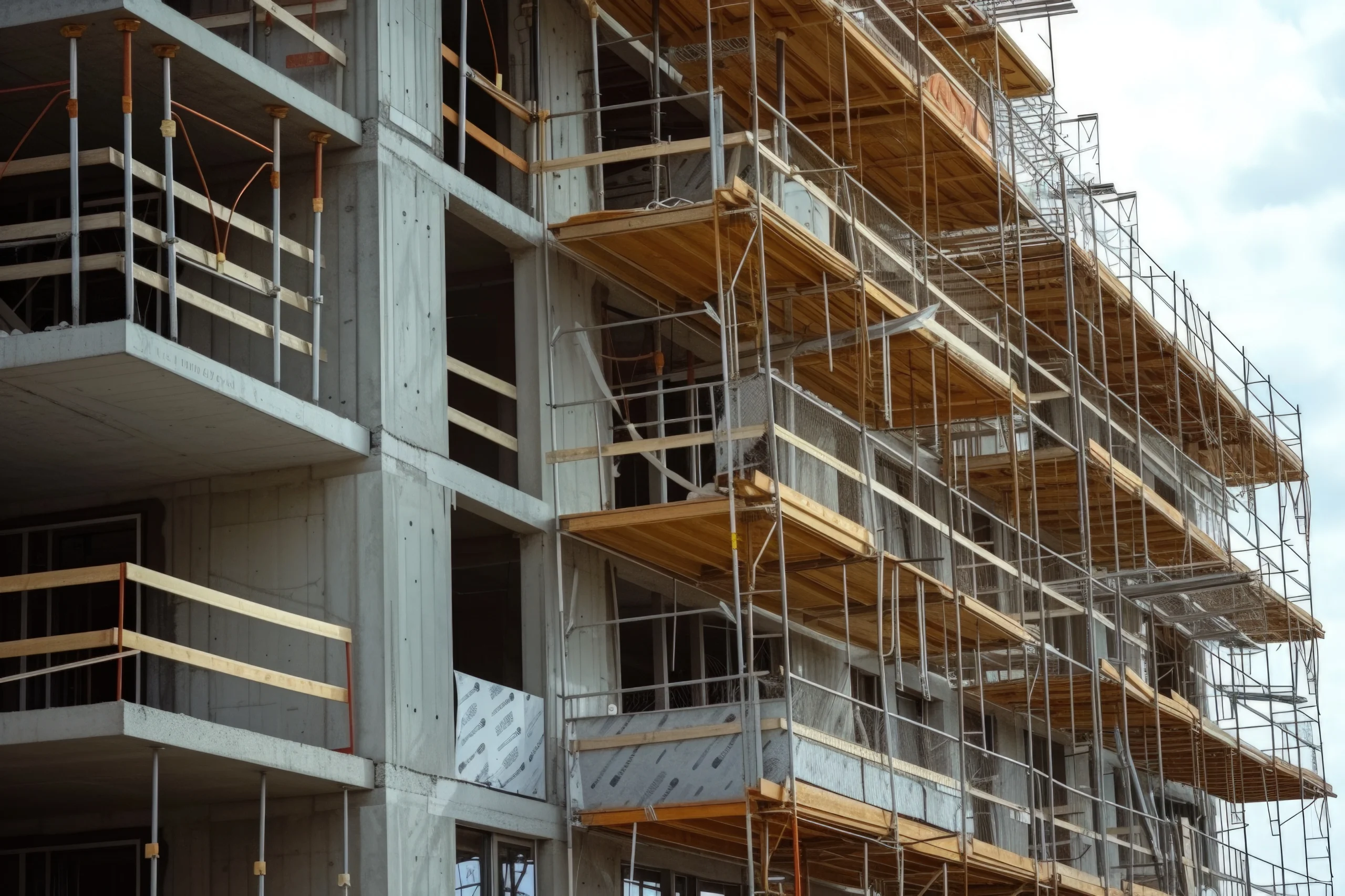 Andamio de madera y metal en uso para la construcción de un edificio.