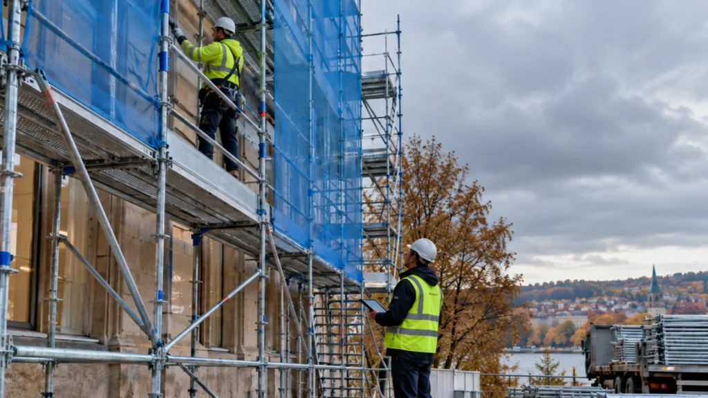 Trabajadores en temporada eólica en una construcción con andamios.